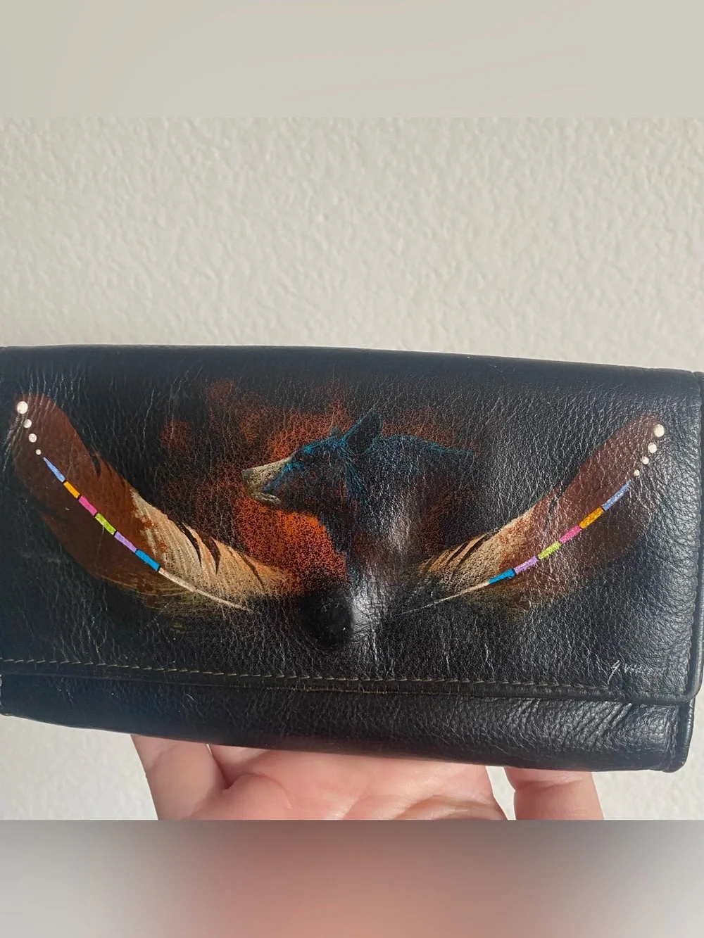 Black Leather Wallet with Feather & Bear Artwork